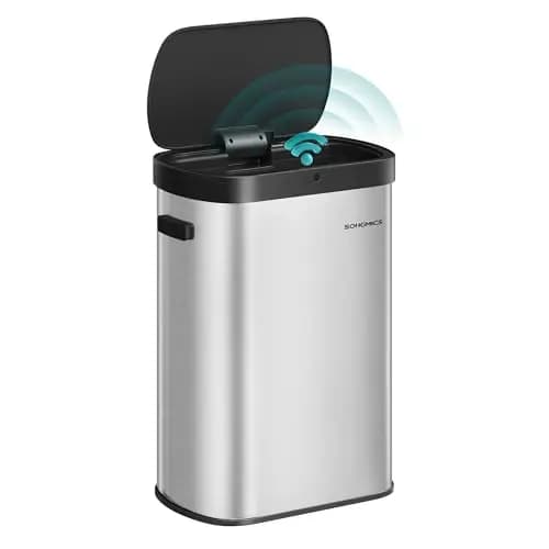 SONGMICS Mülleimer mit Sensor, automatischer Abfalleimer 50 L, Öffnen per Handbewegung oder Berühren, Softclose-Deckel, Stahl, inkl. 15 Müllbeutel, metallicsilber-tintenschwarz LTB640E01