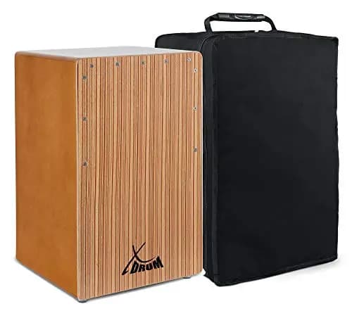 XDrum Cajon El Bajo Bass Port Walnut/Zebrano - Integrierter Bass Port für druckvollen Sound - Trommelkiste für Percussion - Kistentrommel aus Holz - Inkl. Tragetasche