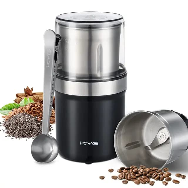 KYG Kaffeemühle Elektrisch mit Abnehmbarer Edelstahlbehälter, 300W Kaffeebohnenmühle elektrisch, Gewürzmühle mit 100g Füllmenge, für Kaffeebohnen, Kräuter, Nüsse, Körner, M200B