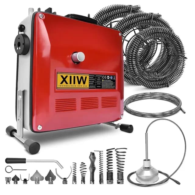 Rohrreinigungsmaschine 850W mit 28m Ø22mm,14.5m Ø16mm, 5m Ø10mm Spirale für Ø20-200mm Rohrleitungen, 12 Köpfe, Rohrreinigungsgerät 450U/M Elektrische Rohrreiniger Reinigung Abflussreiniger