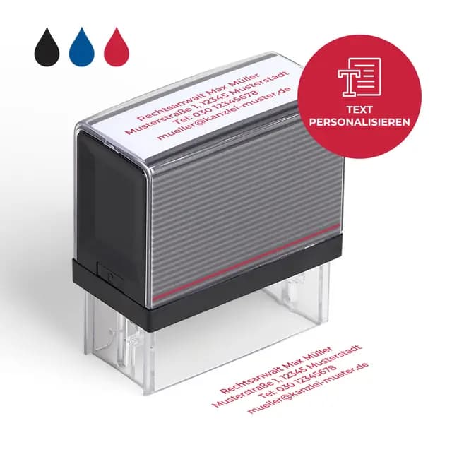 Cimpress Selbstfärbestempel personalisiert mit Wunschtext, als Namensstempel, Firmenstempel oder Adressstempel, Rote Tinte 5,7 x 2,1 cm, ideal fürs Büro, Kanzlei, Praxis
