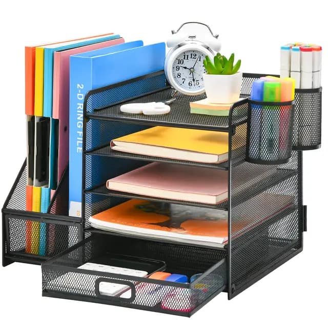 Marbrasse Schreibtisch Organizer mit Aktenhalter, 5 Ebenen Papier Briefablage mit Schublade und 2 Stiftehalter,Schreibtisch Netz Ablagefächer Organizer mit für Büro Bedarf (Schwarz)