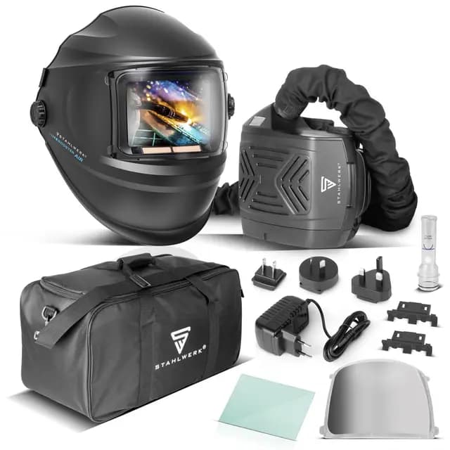 STAHLWERK Automatik-Schweißhelm 3-in-1 Booster AIR – Schweißerhelm mit Frischluftzufuhr, PAPR-System, True-Colour-Technologie, Jobspeicher, automatische Abdunkelung DIN 4-13, optische Klasse 1/1/1/2