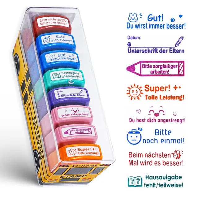 8er-Set Lehrer Stempel selbstfärbend mit Aufbewahrungsbox - Motivationsstempel für Lehrerinnen & Lehrer - bunte Korrekturstempel für Schule, Unterricht & Homeschooling - Geschenkidee zum Lehrertag