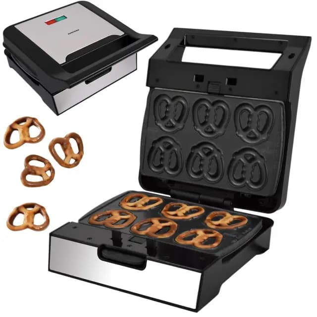 Syntrox Mini Brezel Maker mit Wechselplatten, Edelstahl, schnelles Aufheizen, Antihaftbeschichtet, verschiedene Wechselplatten, Multifunktionsgerät