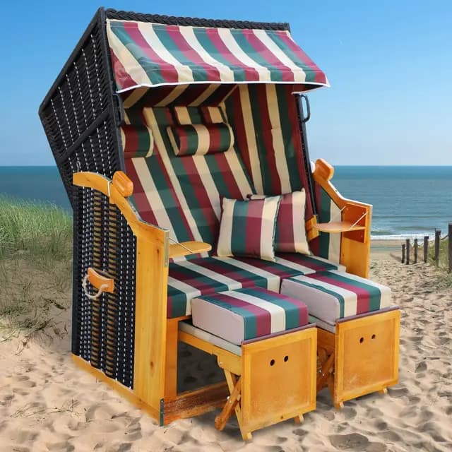 BRAST® Strandkorb Rügen Deluxe | für 2 Personen | 120cm breit | 5 Designs | inkl. wetterfeste Abdeckhaube | verstellbare Rückenlehne weiches Fußkissen | Rot/Grün/Beige - kariert