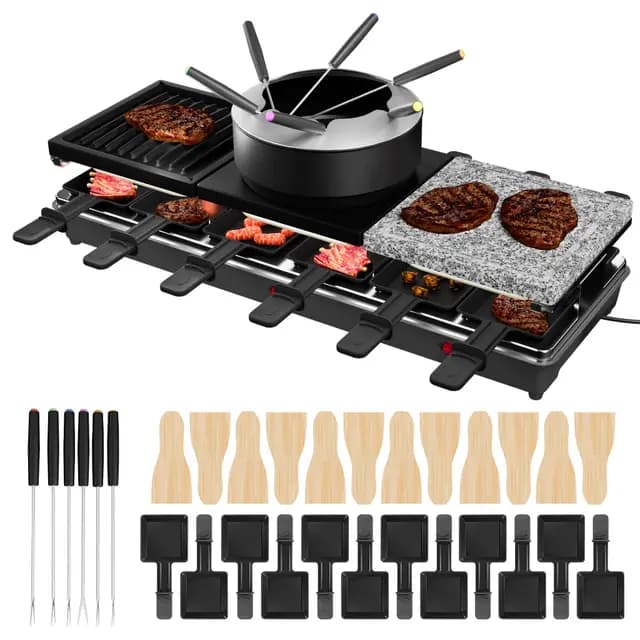 1650W Raclette Grill für 12 Personen Doppelstöckiger Tischgrill inkl. Antihaftbeschichtet, Steinplatte, Klein Tablettes, Holzspateln, Suppentopf & Kabel Edelstahl Elektrogrill für Party Camping
