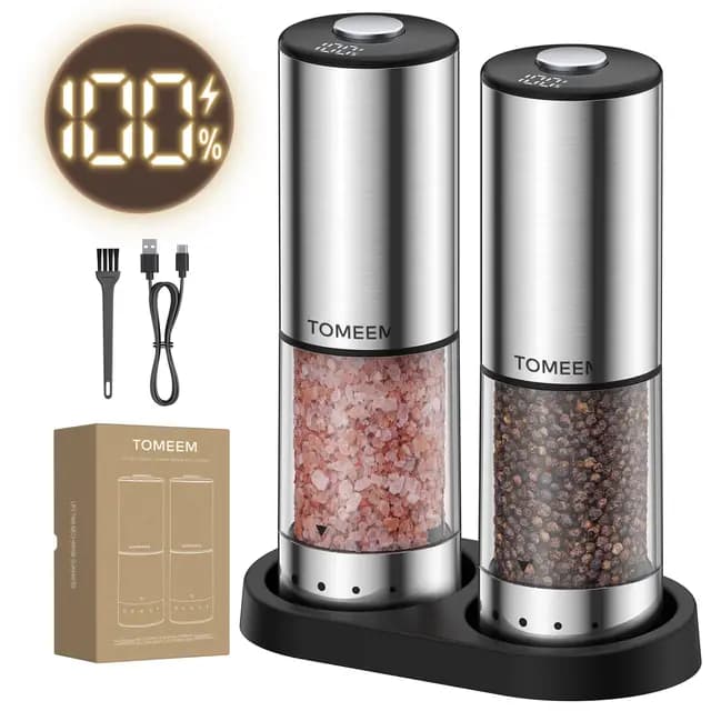 TOMEEM Elektrisches Salz- und Pfeffermühlen-Set, Type-C wiederaufladbar, LED-Akkuanzeige, Edelstahl-Streuer mit Aufbewahrungsbasis, Top-Button-Design, 5 Mahlgrade