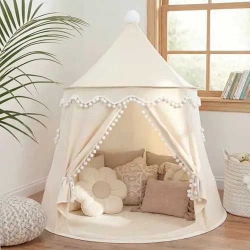 LIONHERZ® DAS ORIGINAL Spielzelt für Kinder, atmungsaktiv aus Baumwolle&Hanf | Märchenschloss mit Fiberglasstangen und Tragetasche | stabiles Tipi Jungen Mädchen (Cremeweiß, ohne Zubehör)