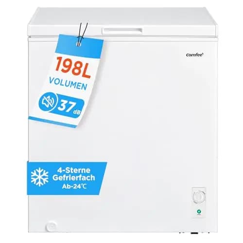 Comfee 198L Gefriertruhe, leise 37 dB, 4-Sterne-Gefrieren, Kühl-/Gefrier-Konvertierung (1–10°C / -24––12°C), 24‑h‑Schnellgefrierung 9kg, Energiesparender Inverter-Kompressor, Aluminium-Innenraum