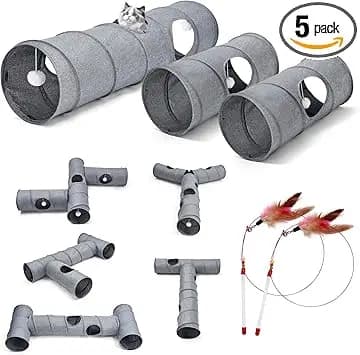 Odoland Katzentunnel in Leinen DIY Spieltunnel mit Ball Katzenspielzeug Faltbar Pet Play Tunnel Tube für Katzen Kaninchen Kleintiere, 110cm, Grau