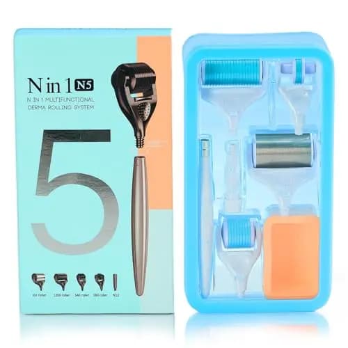 P-Beauty 5 in 1 Dermaroller Set 0,5mm mit Titan-Nadeln - professioneller Microneedling Roller für Gesicht, Körper & Haare - für Falten, Narben, Cellulite, Haarwachstum, Anti-Aging & Glow - Bartroller