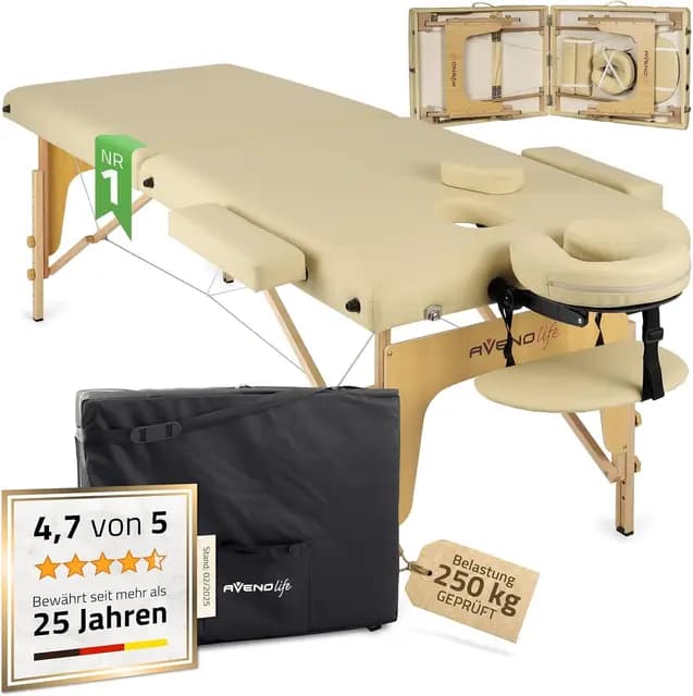 HABYS Sofia Light Massageliege klappbar aus Holz mit 2 Zonen, 185 × 60 cm, leichte Mobile Massagebank, höhenverstellbar bis 250 kg, mit Kopfstütze und Tragetasche, Beige