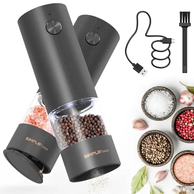 Salz und Pfeffermühle Elektrisch, SIMPLETASTE Gewürzmühle USB Wiederaufladbar Akku Salz und Pfefferstreuer 2er Set mit Keramikmahlwerk Grinder
