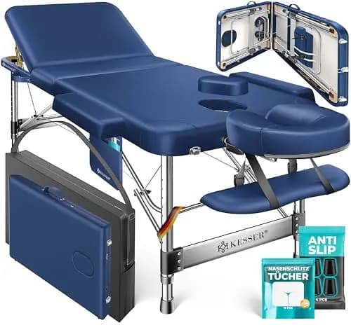 KESSER® Massageliege 3 Zonen bis 250kg, Massagetisch klappbar, verstellbar, tragbarer Koffer, Kosmetikliege, Therapieliege, Zubehör, Alu-Kopfstütze, Armlehne, Tragetasche, Anti Rutsch, 60cm, Navyblau