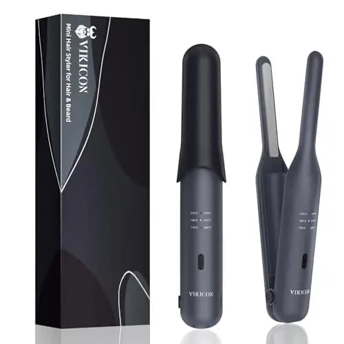 VIKICON Bartglätter für Männer, 2-in-1 Mini Haarglätter & Curler, Kabelloses Akku Glätteisen mit 3 Temperaturstufen, Glätteisen für Bart, Kurzhaar & Reisen(Schwarz)