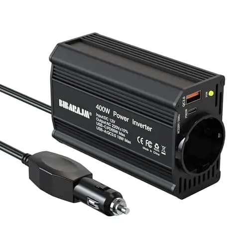 400W Auto Spannungswandler DC 12V auf AC 230V mit 2 Steckdosen und PD65W USB-C, USB-Ports, Schnellladegerät, Autoladegerät mit Zigarettenanzünderstecker für Geschäftsfahrten und Ferien