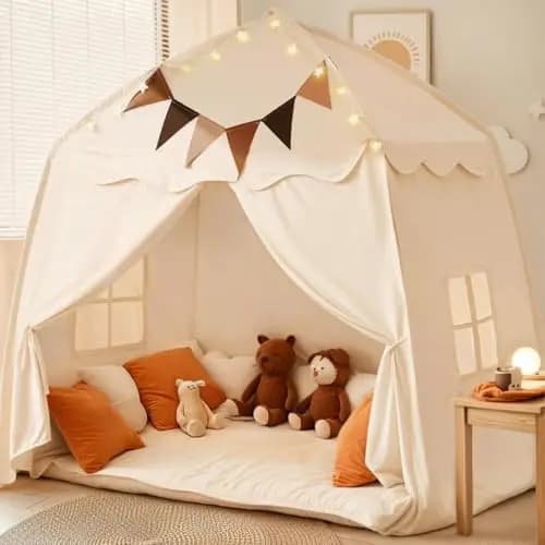 Extragroßes Spielzelt für Kinder mit Flaggen, tragbares und faltbares Tipi, Jungen und Mädchen, Kuppelzelt-Spielhaus für drinnen und draußen, 150 x 100 x 150 cm, Cremefarben