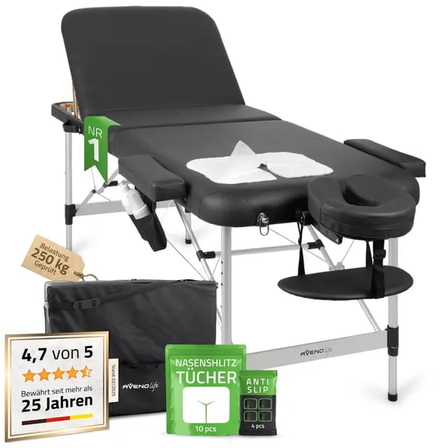 Mobile Massageliege Klappbar aus Aluminium mit 3 Zonen - Massage Liege 185×60 cm mit Verstellbarer Rückenlehne 55° - Massagetisch Klappbar mit Tragetasche - Massagebett bis 250 kg, Statische 900 kg