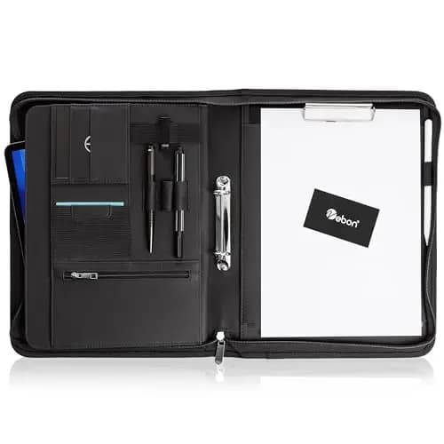 Vebon® Schreibmappe Ringbuch A4"Paris" I Reißverschluss + Klemmbrett I Dokumentenmappe + Laptoptasche I extra Stauraum I Kunstleder I Schwarz