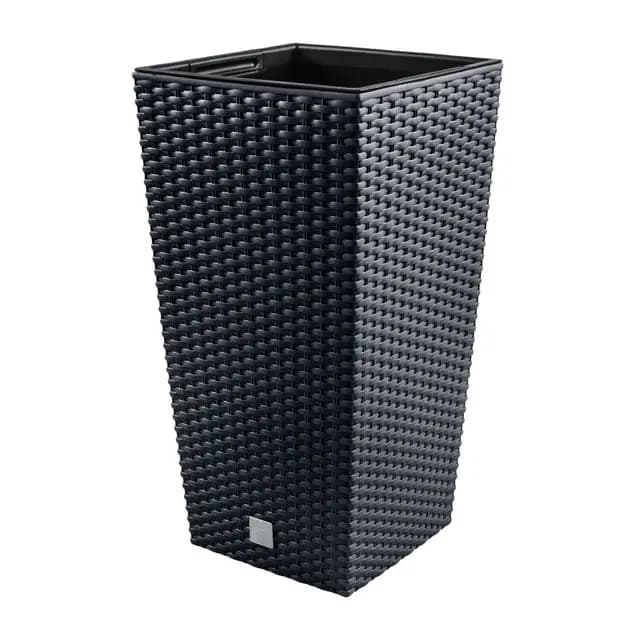 Prosperplast Blumentopf in Rattan-Optik Pflanzkübel mit Einsatz | 26,5 x 26,5 x 50 cm | anthrazit | wetterfest & UV-beständig | aus robustem Kunststoff | für Innen- und Außenbereich