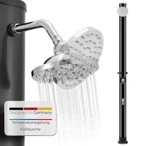 Juskys Solardusche Victoria 20/35 / 40/60 Liter - bis 60°C – mit schwenkbarem Duschkopf, Fußdusche & Gartenschlauch Anschluss Gartendusche Außendusche