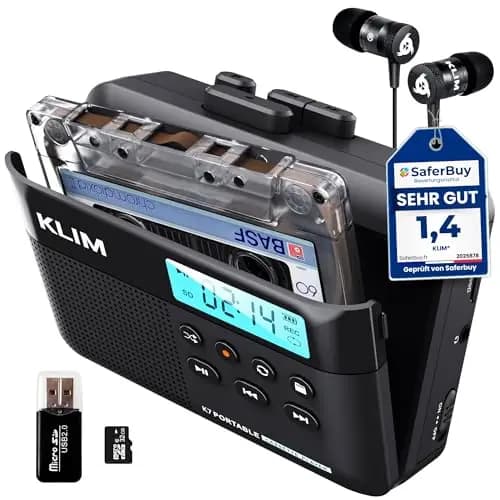 KLIM K7 Kassettenspieler, Kassettenrecorder & MP3 Konverter, Tragbare Kassettenspieler mit integriertem Mikrofon & Lautsprecher, Wiederaufladbar über USB – Inkl. Ohrhörer – 32 GB SD-Karte