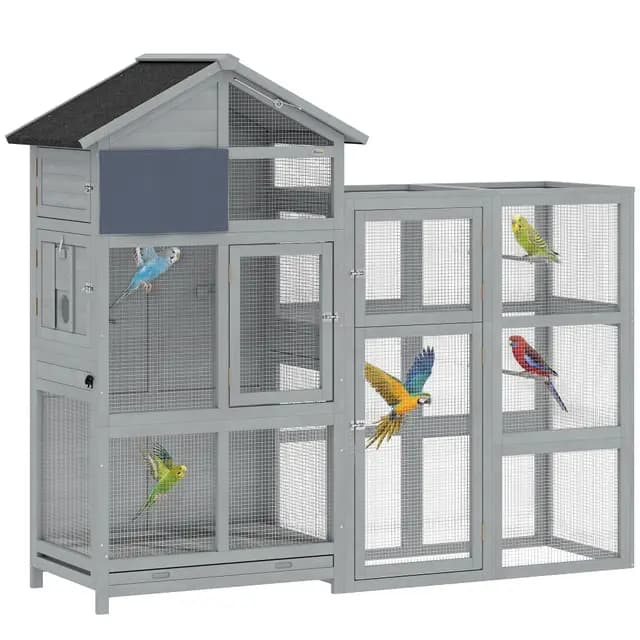 PawHut Voliere Vogelvoliere aus Holz mit Erweiterung 6 Sitzstangen 7 Türen Ablagefach Vogelkäfig mit herausziehbarer Schublade Edelstahlnäpfen Vogelhaus für Finken Wellensittiche Grau 196x60x164,5cm