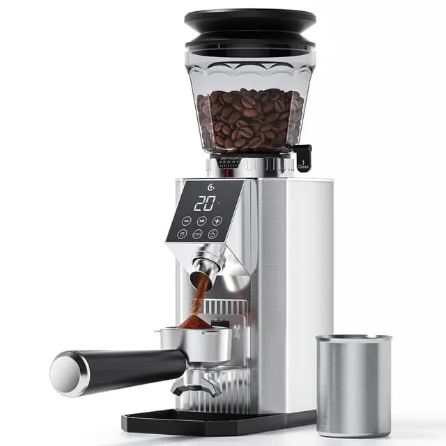 AMZCHEF Elektrische Kaffeemühle mit 45 Mahlgraden, Espresso-Mühle mit höhenverstellbarem Siebträgerstand, LED-Touchpanel, Anti-Statik-Design und Speicherfunktion–Edelstahl-Kaffeemühle für Siebträger