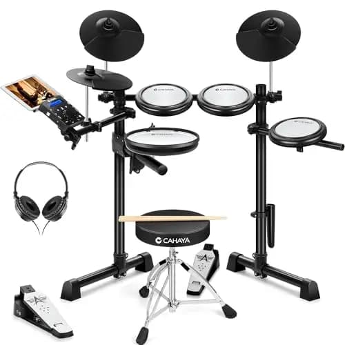 CAHAYA E-Drum Set mit Mesh-Fellen: Dual Trigger Pads und 350 Sounds – Elektronisches Schlagzeug mit großem 8" Snare Pad, Komplettset mit Schlagzeughocker, Kopfhörer, Sticks – für Anfänger Kinder