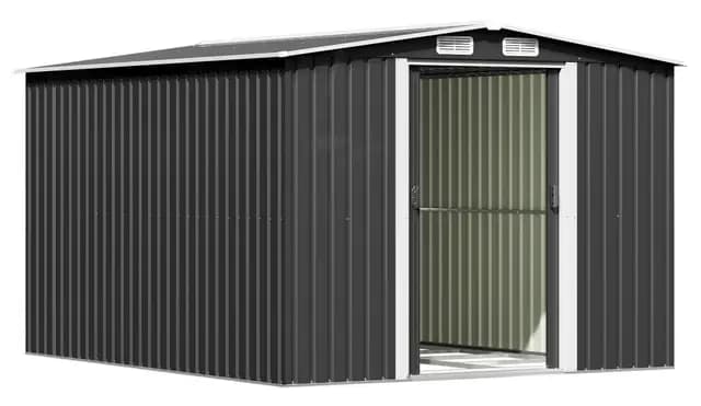 Triumphkey Metall Gerätehaus 247x301x178cm mit Stahlfundament, 13.2m³ Großes Geräteschuppen mit Satteldach, Farradgarage, Gartenschuppen für Rasenmäher, Wetterfest, Anthrazit