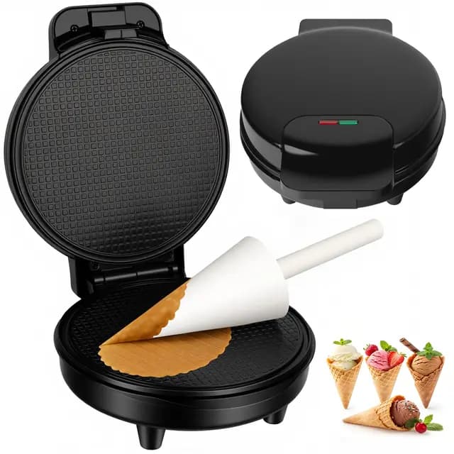 Hörnchenautomat für hauchdünne Waffeln, 1000 W, Waffeleisen für Kegel, Backfläche Ø 19 cm, antihaftbeschichtet, wärmeisolierender Griff, Kegel-Zubehör inklusive, Es ist schwarz