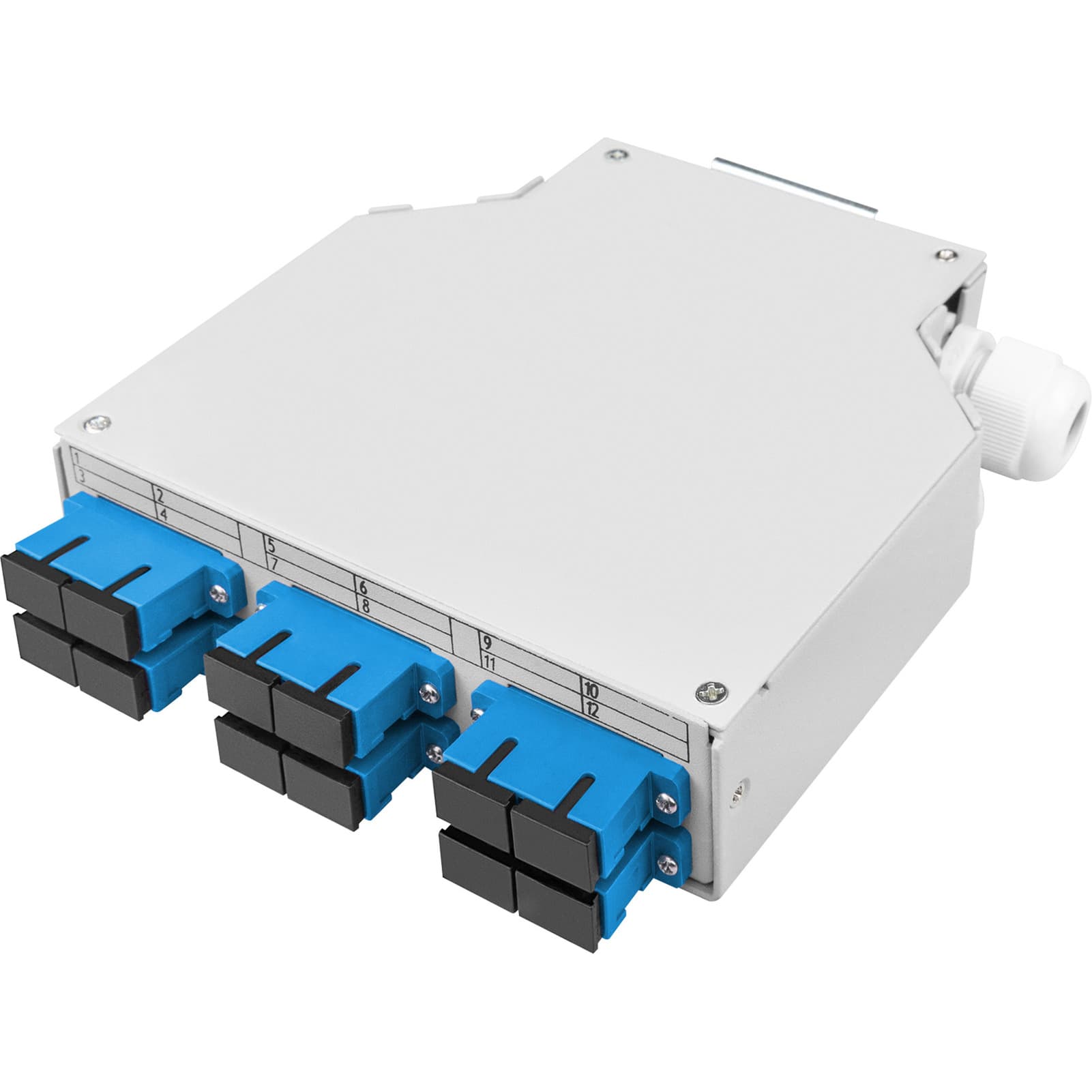 LWL-Hutschienenbox OS2 bestückt SC-Adapter und Pigtail, Spleißbox
