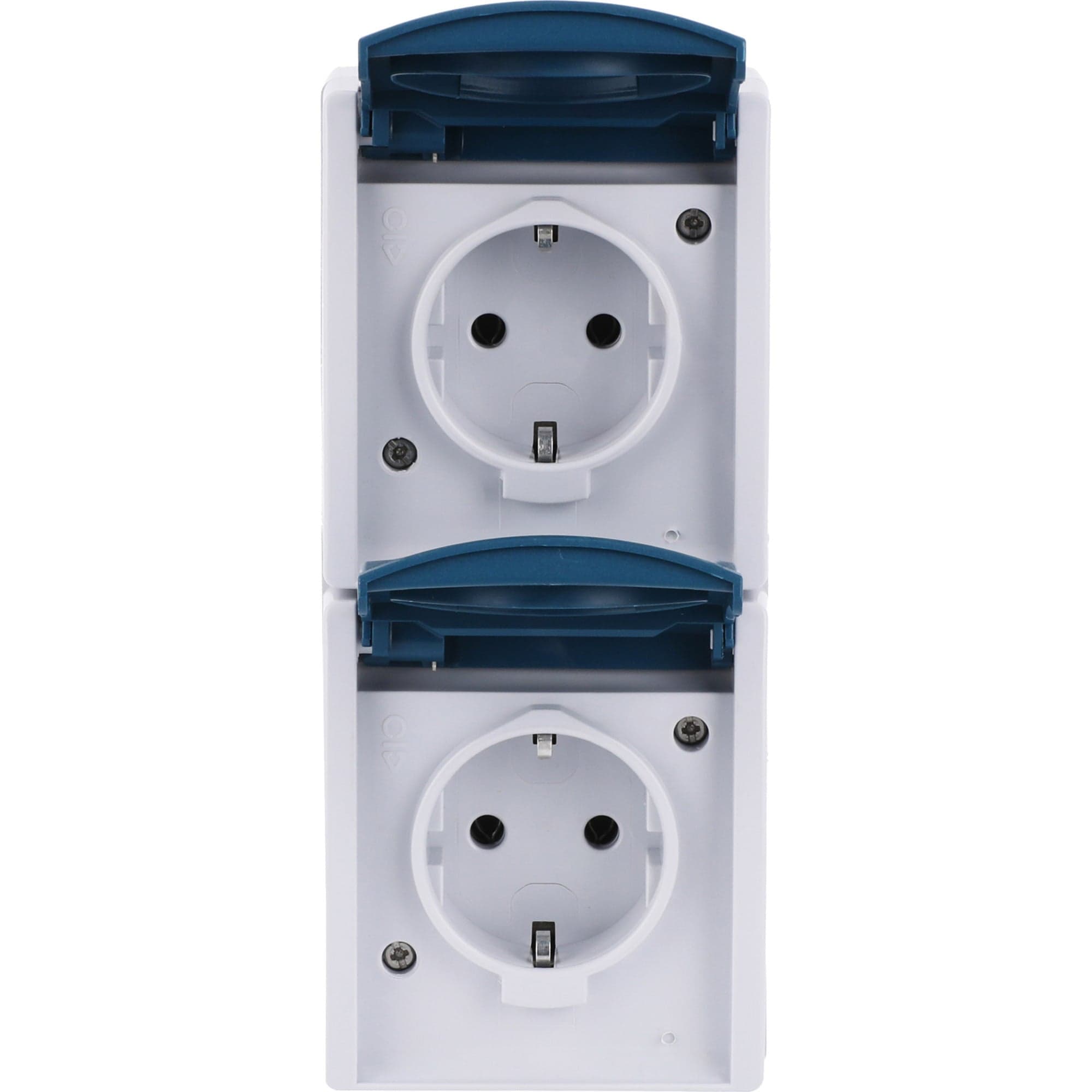 Schutzkontakt-Steckdose zweifach, senkrecht, Aufputz, mit Beschriftungsfeld, 16 Ampere, 250 Volt