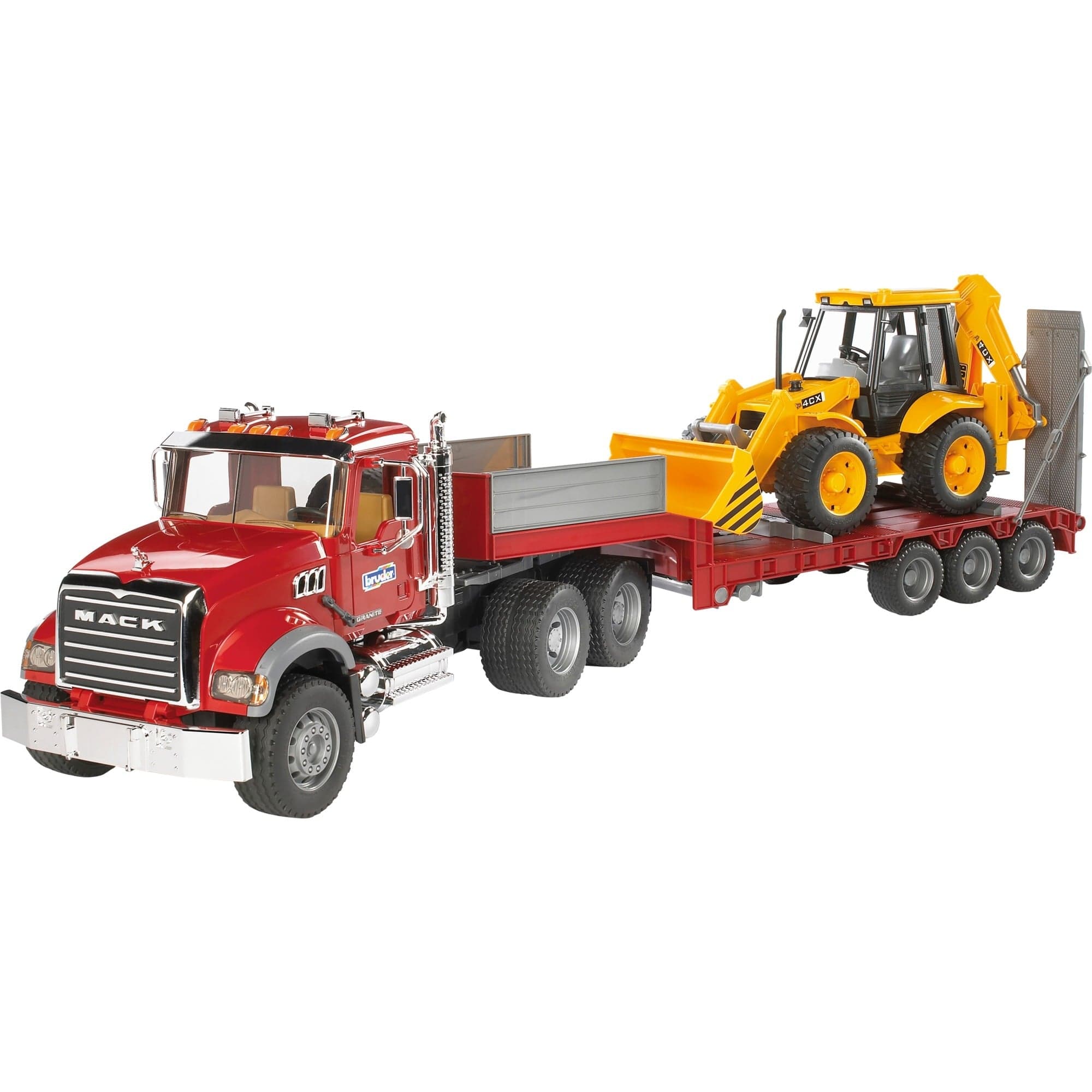 MACK Granite Tieflader und JCB 4CX Baggerlader, Modellfahrzeug