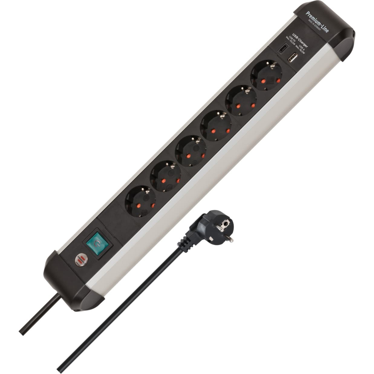 Premium-Alu-Line Steckdosenleiste 6-fach, 2x USB