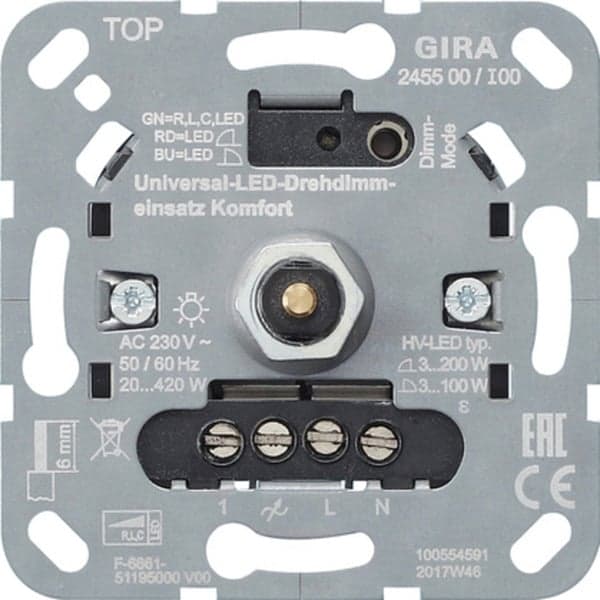 LED Universal-Dimmereinsatz Komfort, Unterputz, Dreh- und Druckknopf, 230 Volt, 50-60 Hz