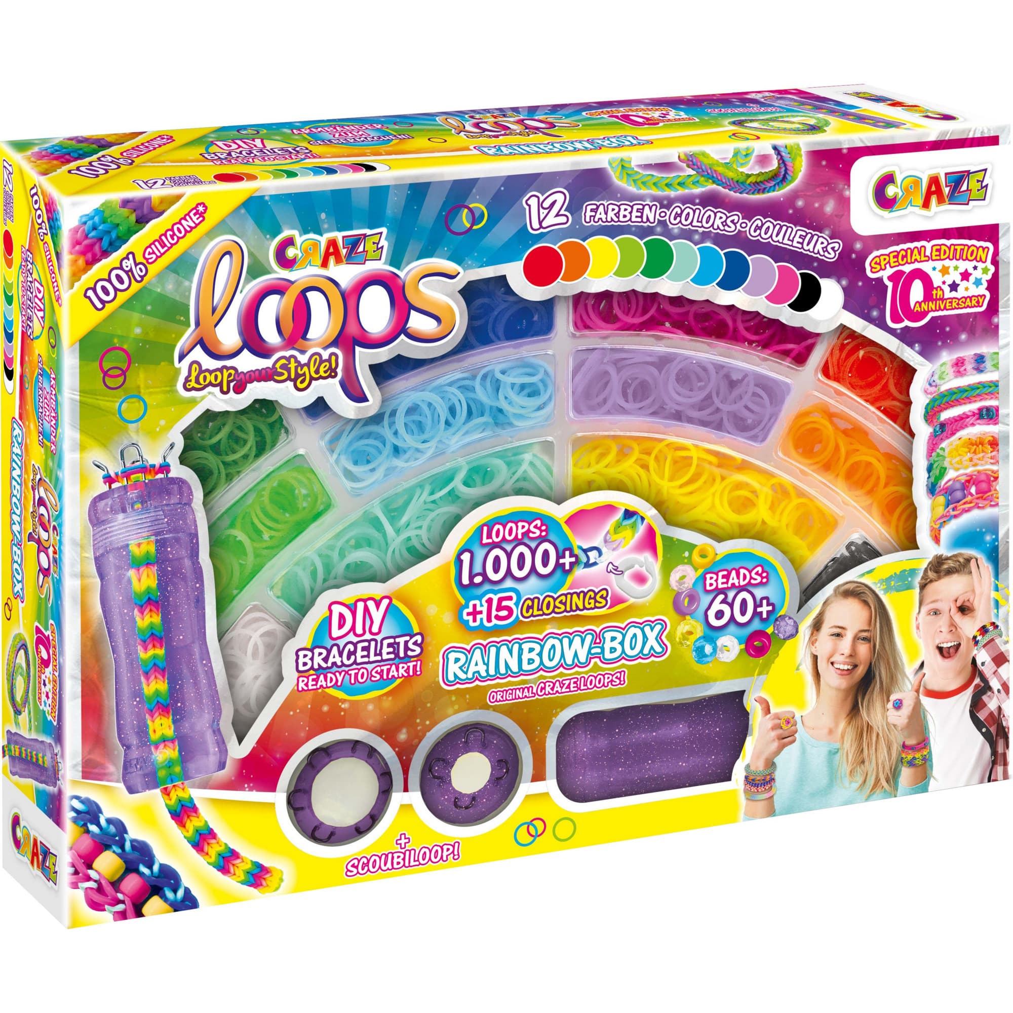 Loops Rainbow Box mit mehr als 1000 Loops in 12 Farben, Häkelnadel und Verschlüssen, Aufbewahrungsbox