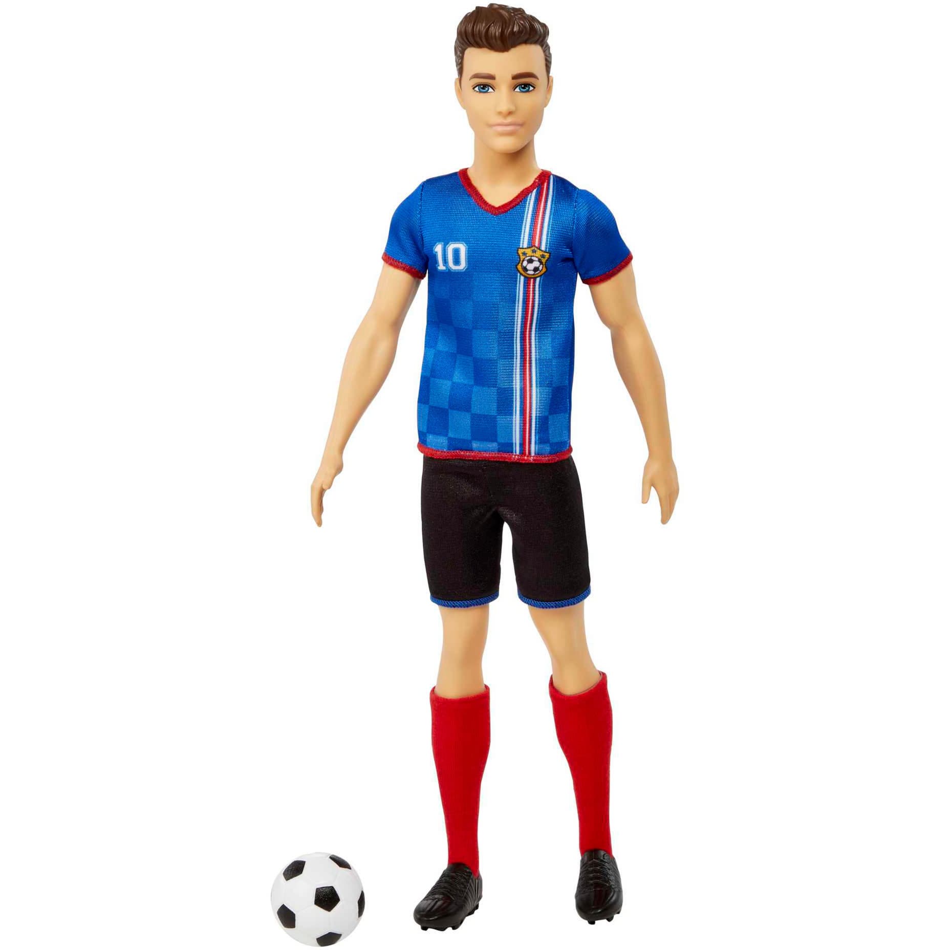 Ken Fußballspieler-Puppe mit kurzer Haarfrisur, Trikot Nummer 10, Fußball und Stollenschuhe