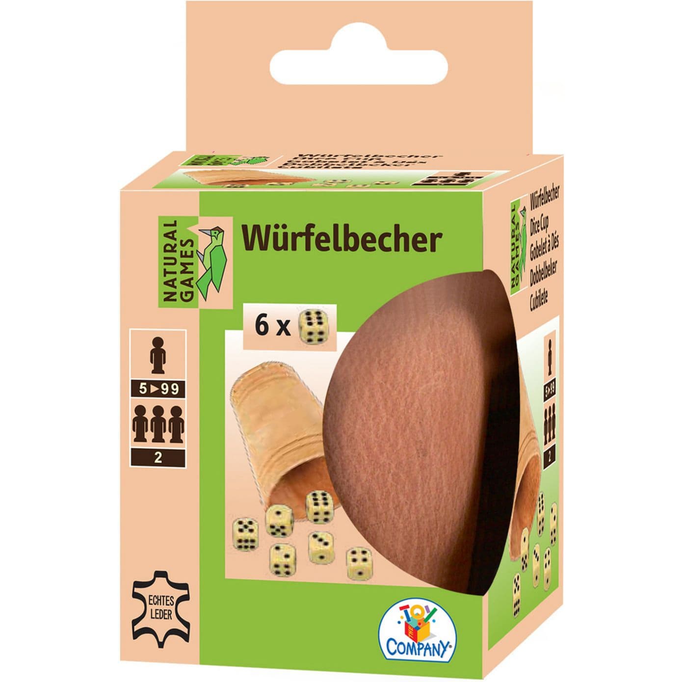 Lederwürfelbecher mit 6 Würfeln aus Kunststoff, Höhe ca. 8,5 cm, Würfelspiel