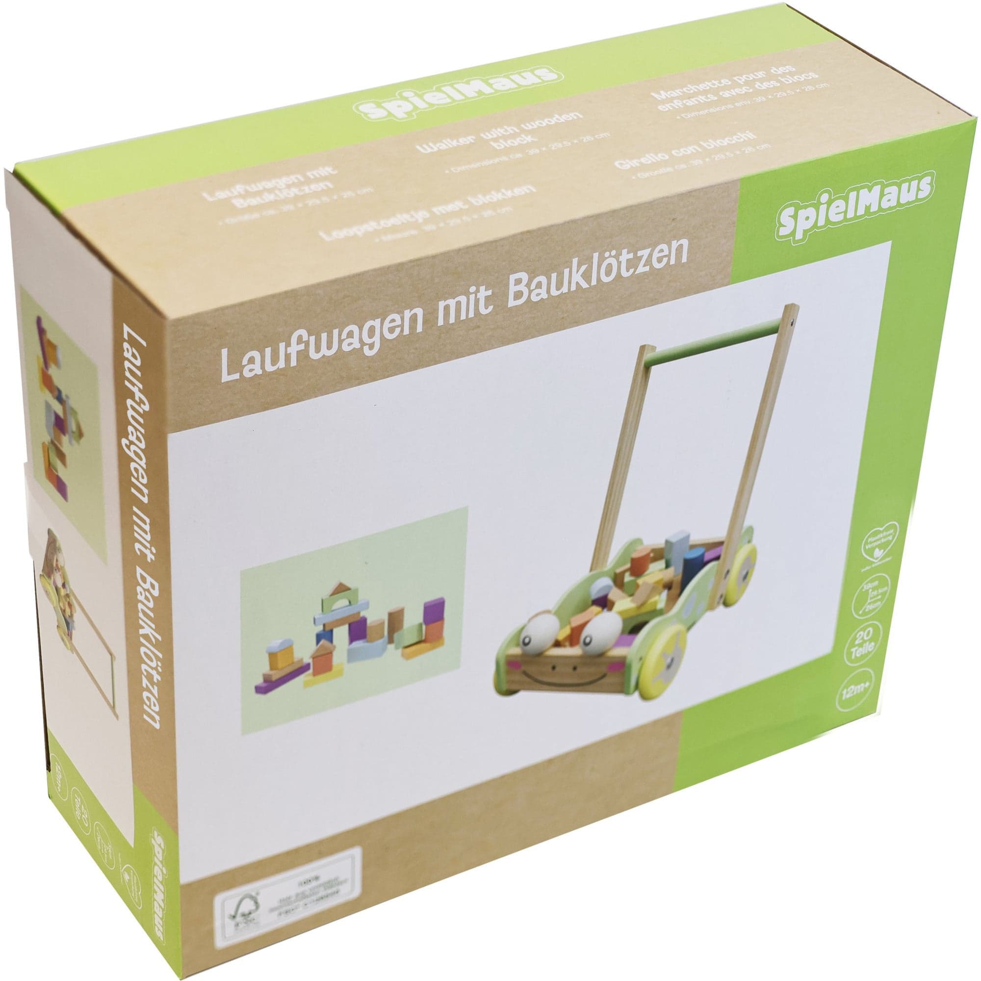 Laufwagen mit Bauklötzen, 20 Stück, Lauflernhilfe