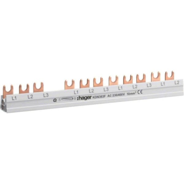 Phaserschiene drei polig mit Gabelanschluss zehn Quadratmillimeter 63 Ampere 12 Module
