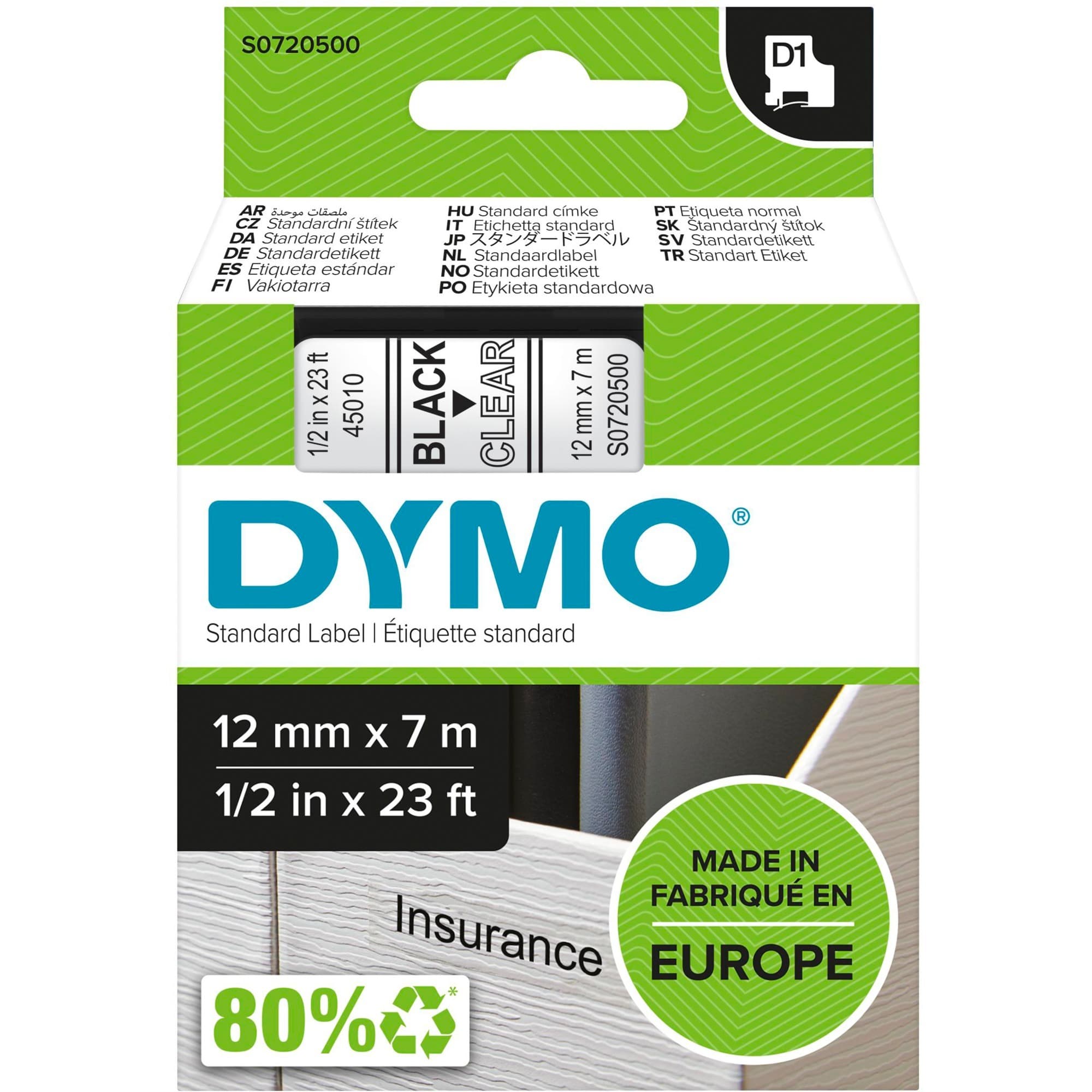 D1 ORIGINAL Schriftband, schwarz auf transparent, 12mm x 7m