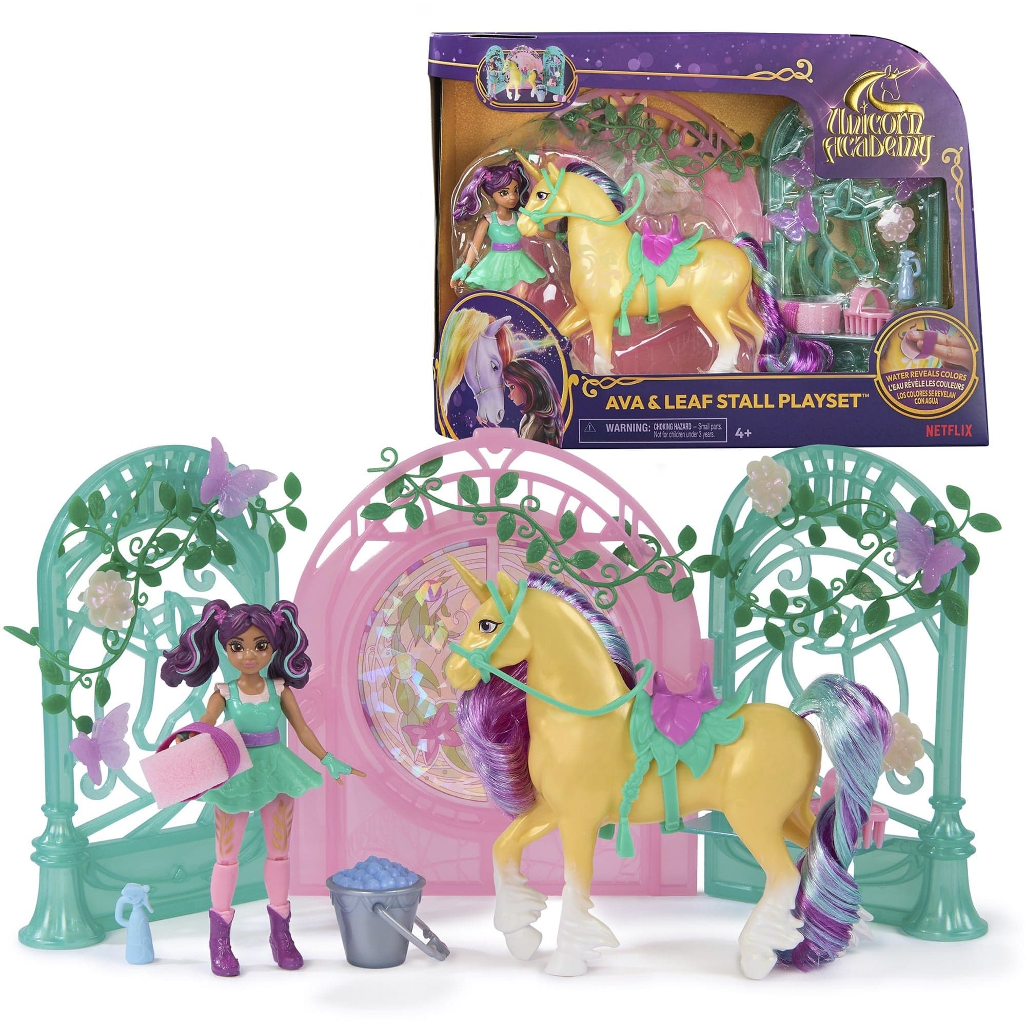 Unicorn Academy - Ava & Einhorn Leaf Stall Spielset mit Farbwechseleffekt, Spielfigur