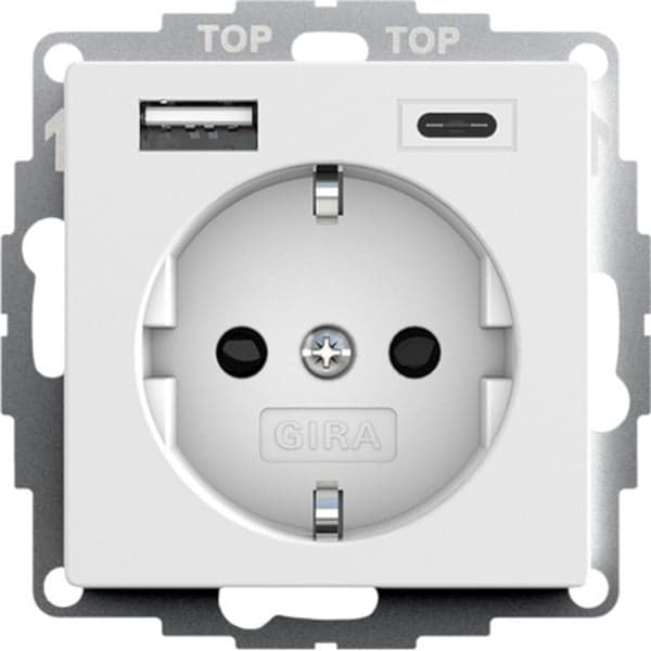 USB-Spannungsversorgung mit Schutzkontaktsteckdose Typ F 16 Ampere 250 Volt, 2 USB-Ausgänge Typ A und Typ C