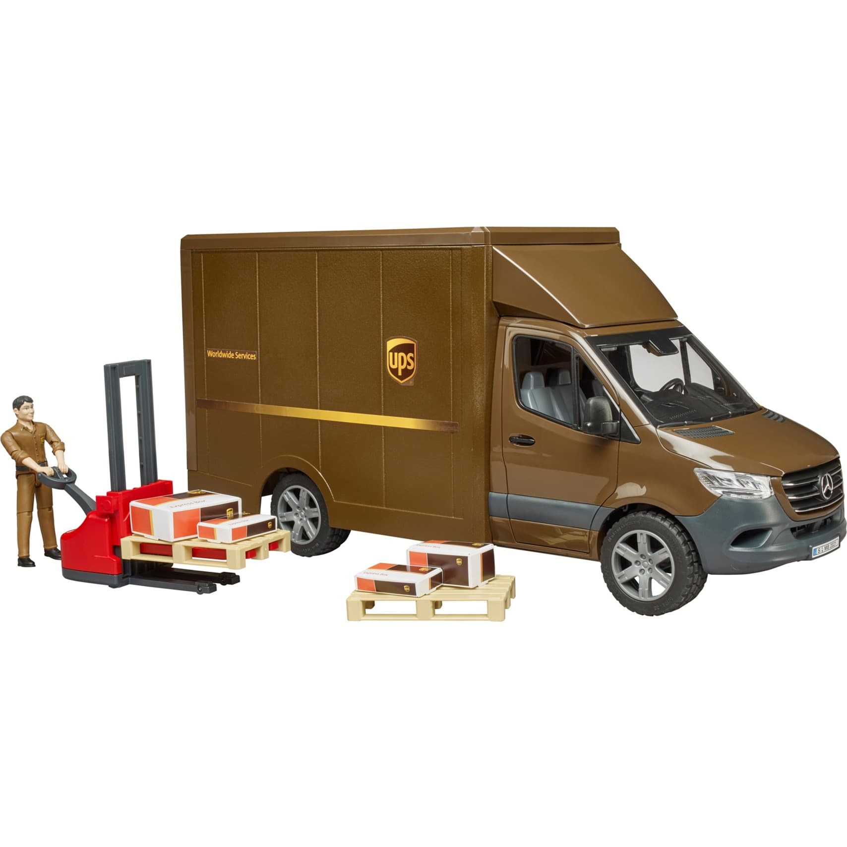 MB Sprinter UPS mit Fahrer und Zubehör, Modellfahrzeug