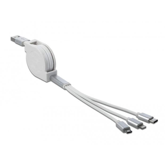 USB Aufrollladekabel, USB-A > Micro-USB + USB-C + Lightning