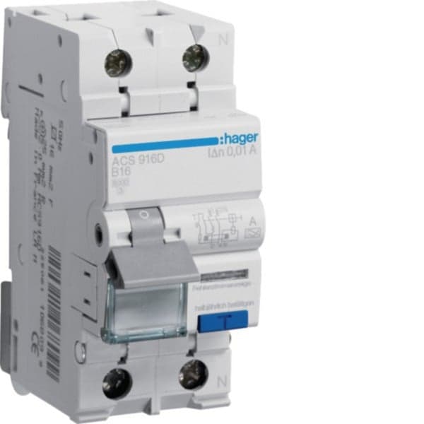 Fehlerstrom-Leitungsschutzschalter 1 Pol + Neutralleiter 6 Kiloampere B-16 Ampere 10 Milliampere, Sicherung