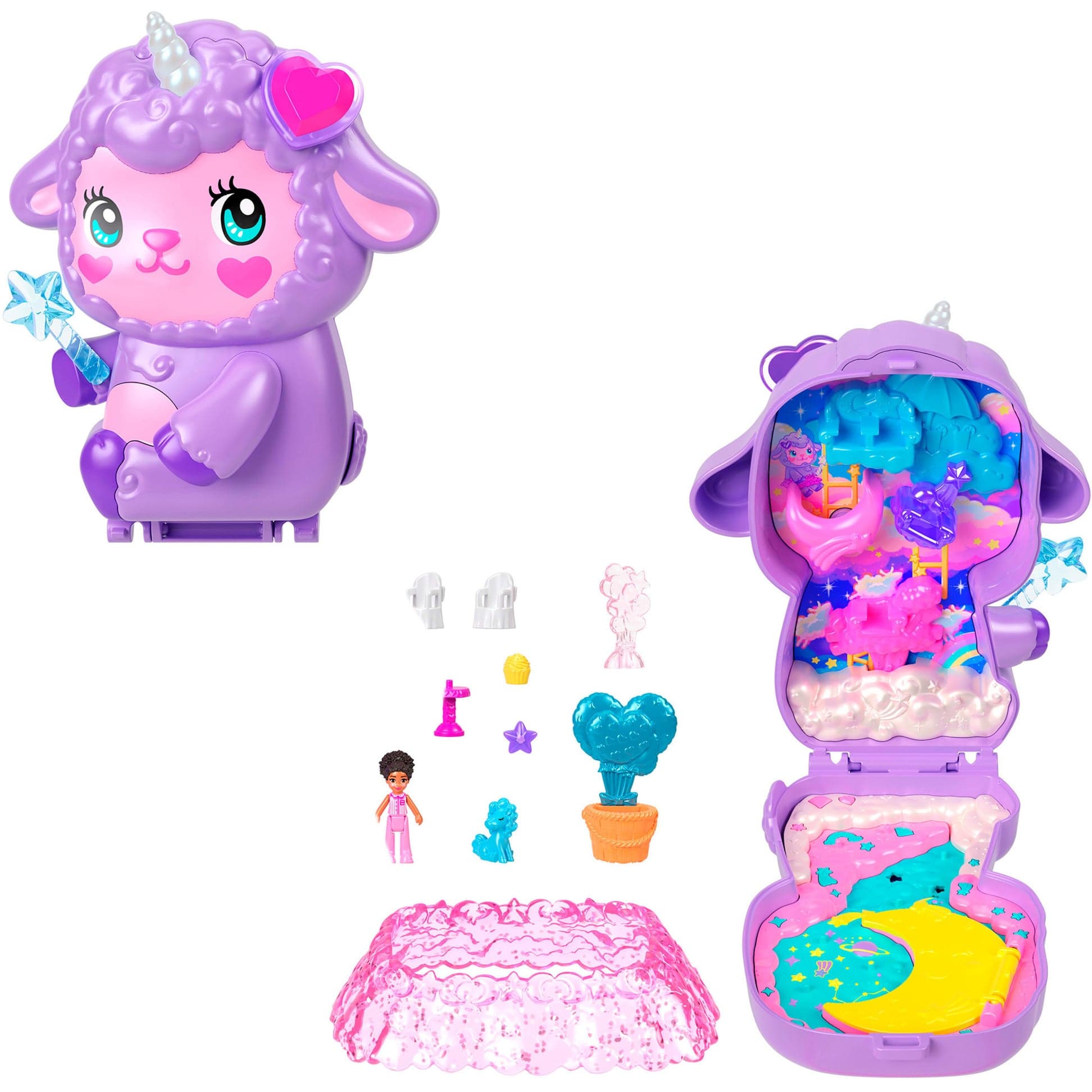 Polly Pocket Traumland Schatulle in Lammform mit Minipuppe und Haustier-Einhorn