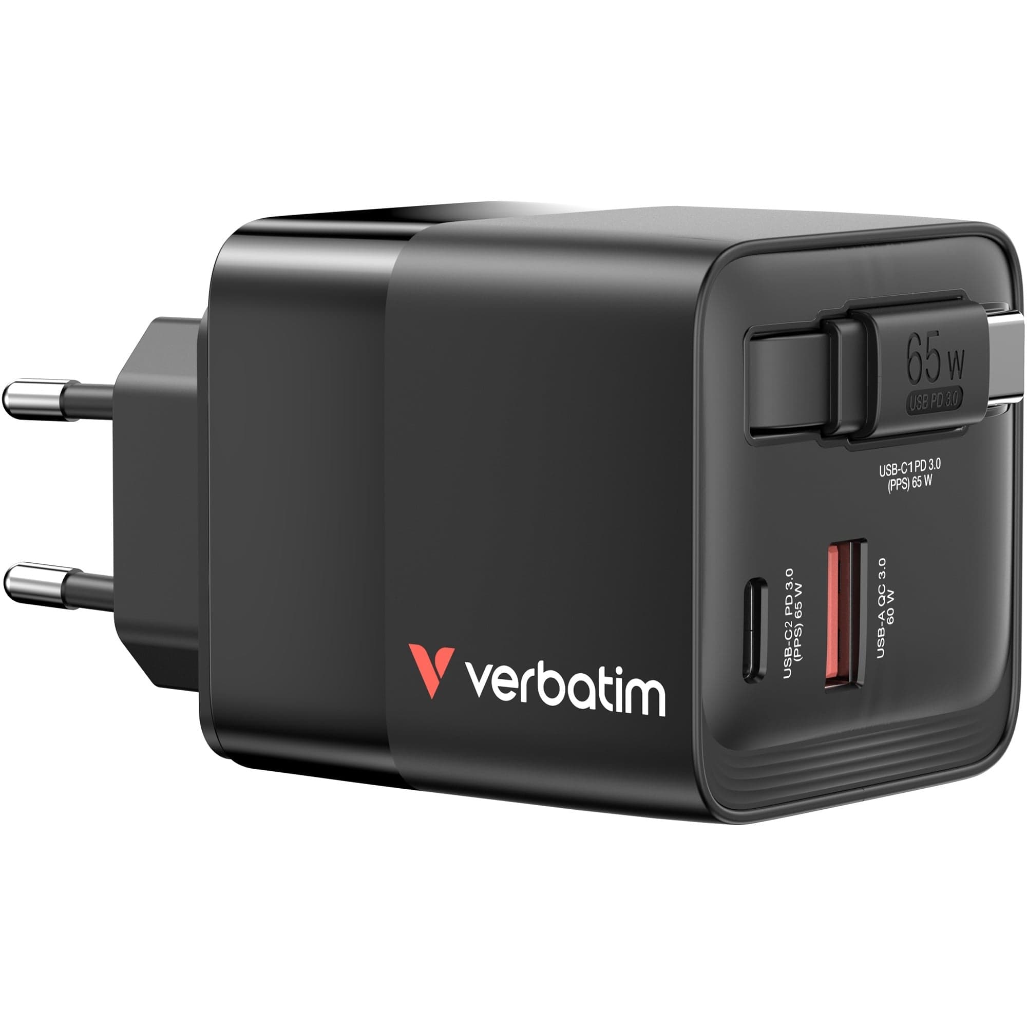 GaN-Ladegerät 65W, 1x USB-A , 2x USB-C, ausziehbares Kabel